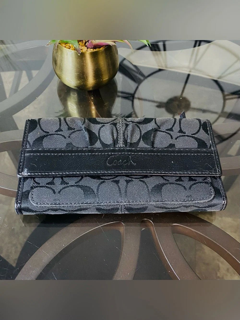 Coach Soho Black Signature Jacquard Pleated Wallet Checkbook Patent Trim Vintage